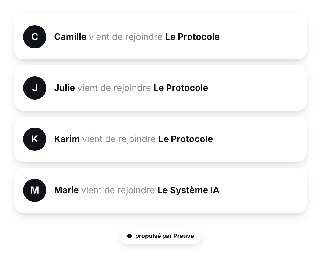 Le sticker : quatre notifications de vente empilées sur fond transparent, avec la pastille propulsé par Preuve.